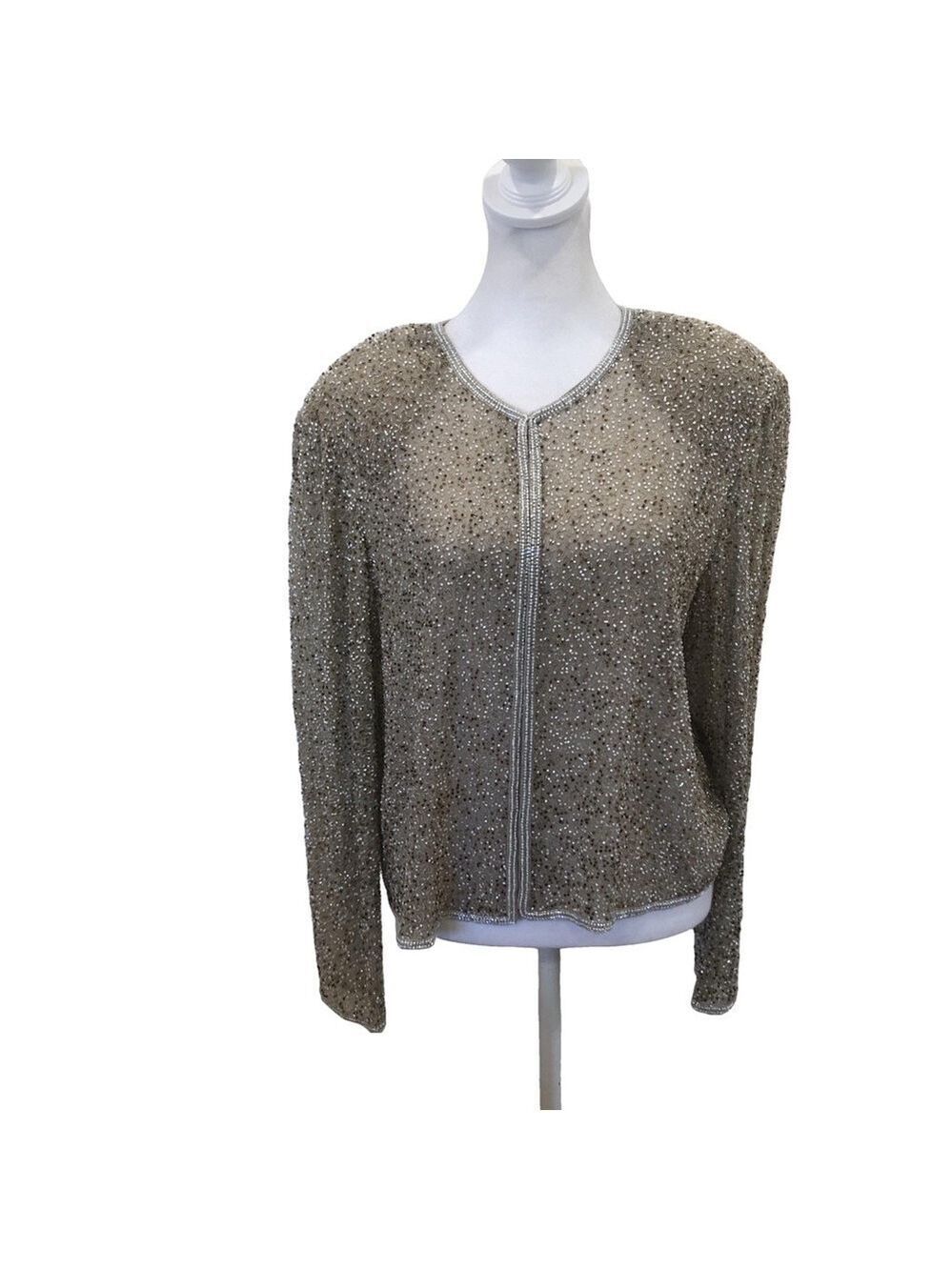 Adrianna Papell Evening Size L gold silk jacket. white and gold beads festive